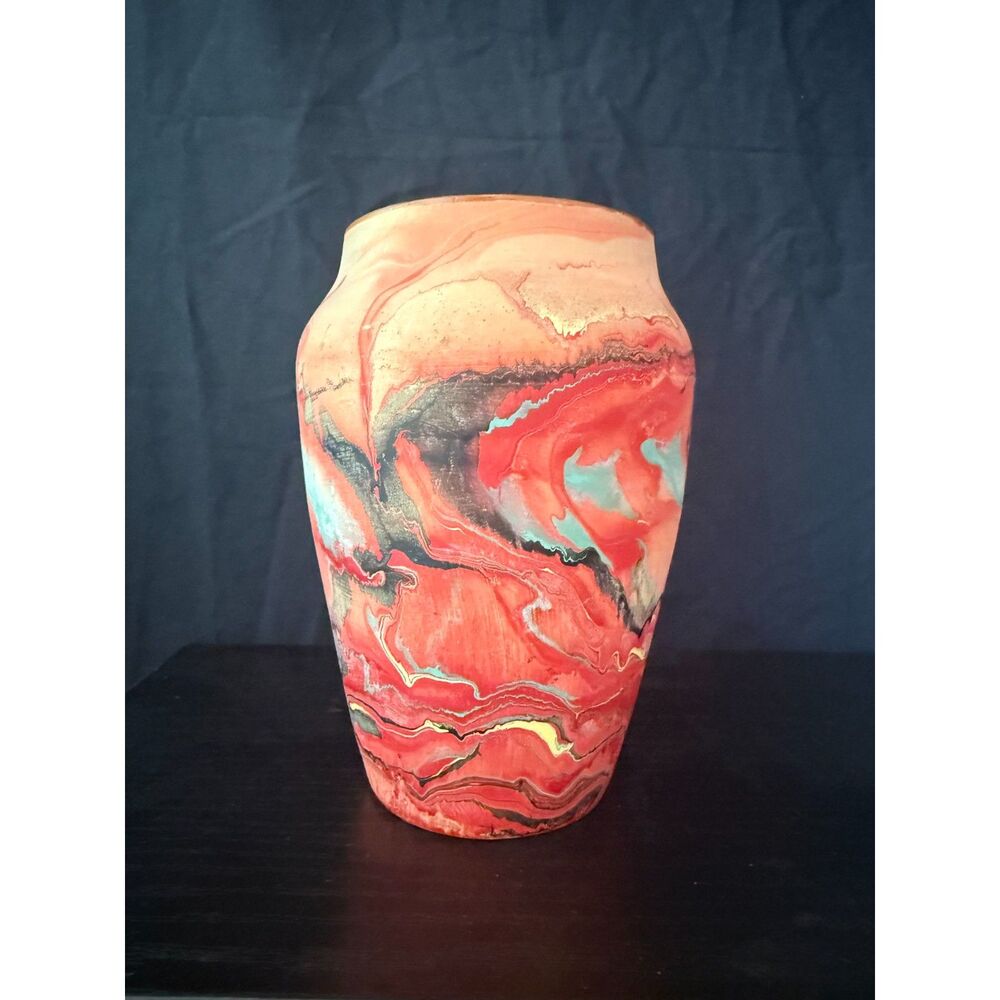 Nemadji Pottery #139 Vase 6" Red Black Teal Swirl Mid Century Southwestern Decor